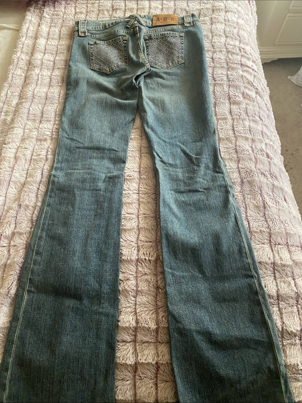 ABS Allen Schwartz Medium Blue Flare Jeans with Pink Crystal Embellished Pockets